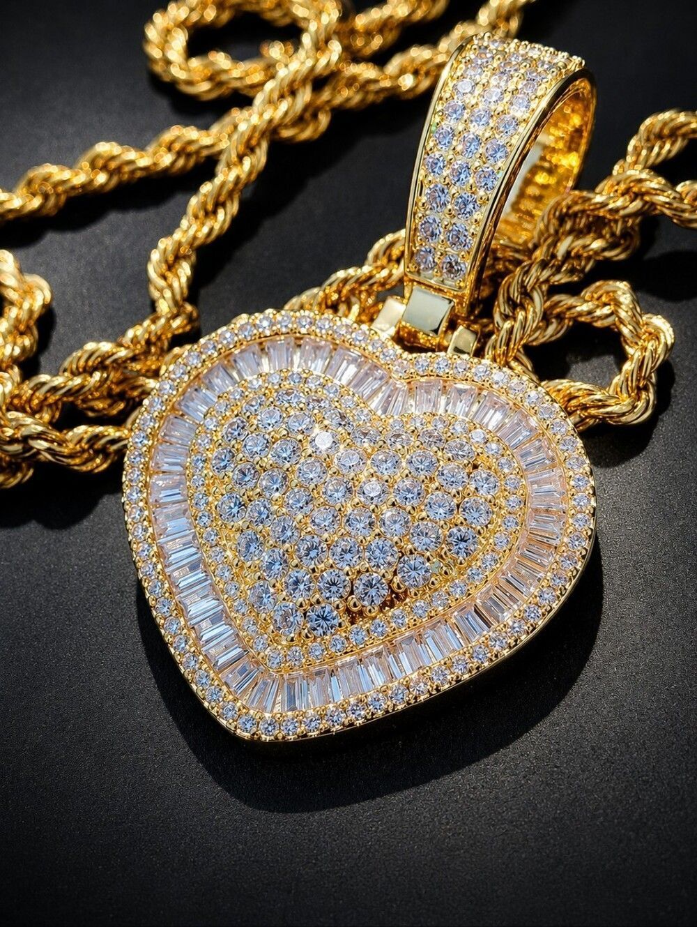 Baguette & Round Gold Heart Necklace